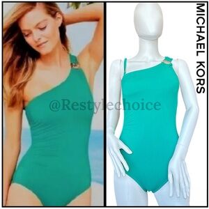 🩱Michael Michael Kors teal Green One-Shoulder Hardware One-Piece Swimsuit Teal